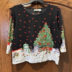 Collections Etc Womens Christmas Tree Snowman Top 3/4 Sleeve XL Holiday